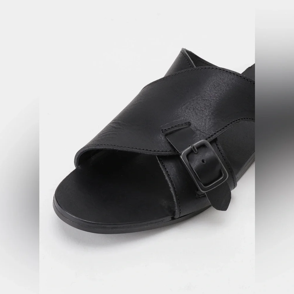 Yohji Yamamoto Sandals Semi-Gloss Tanned Leather Flat Mules Black Size 6 - Picture 3 of 16